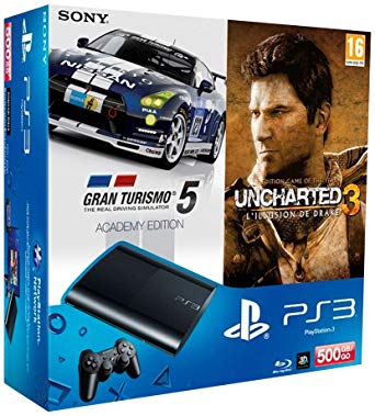 Console Playstation 3 Ultra Slim 500 Go Noire + Gran Turismo 5 + Uncharted 3 : l'illusion de Drake en boîte  - Playstation 3